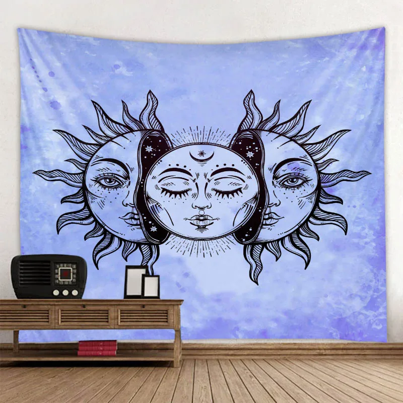 Светло-голубой Солнце Луна психоделический гобелен небесное индийское солнце Хиппи гобелен Настенное подвесное покрывало