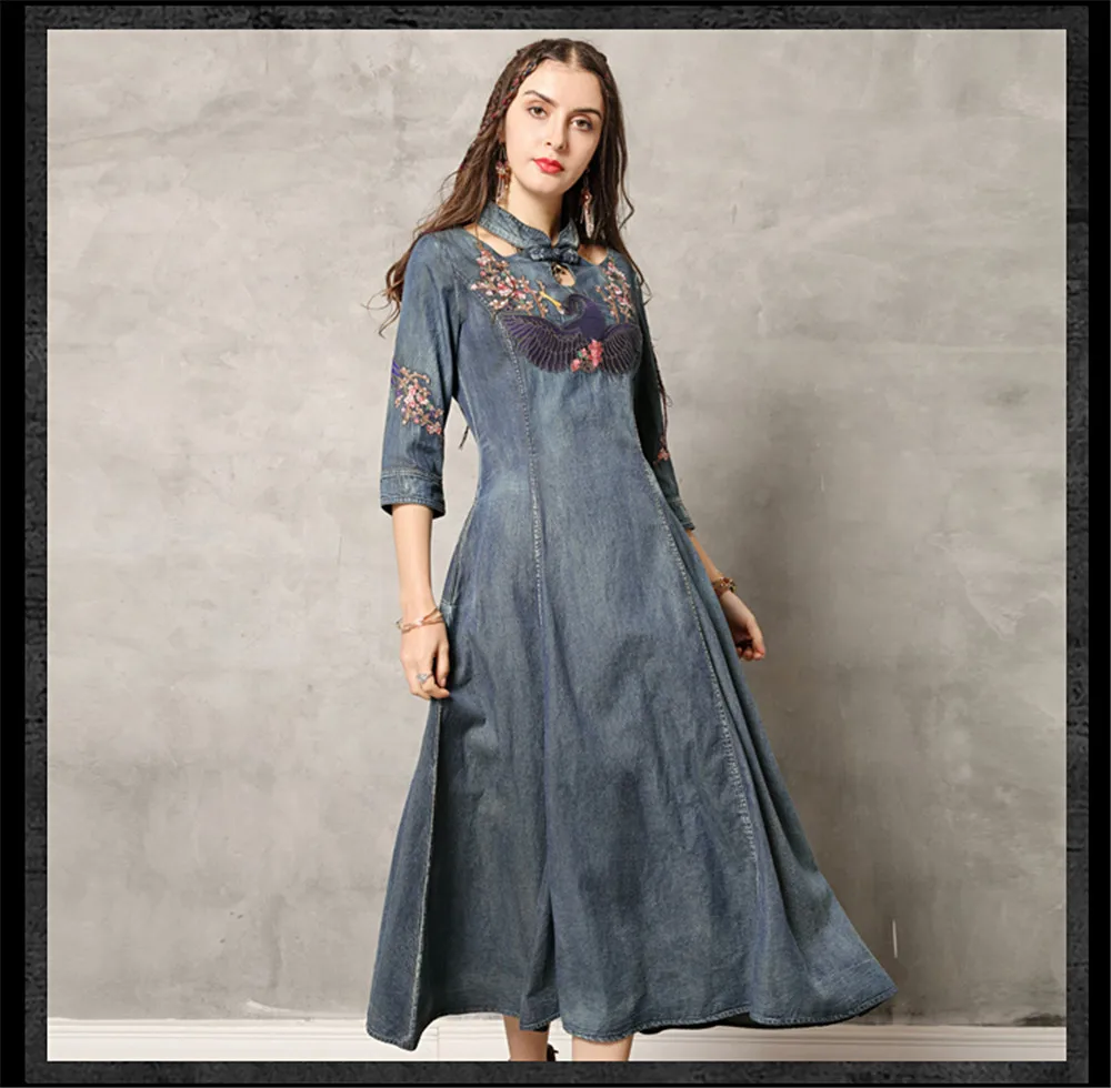 Vintage Summer Denim Dress 2019 Embroidery Women Dresses Stand Collar A-line Three Quarter Sleeve Elegant Vestidos K82137 (16)
