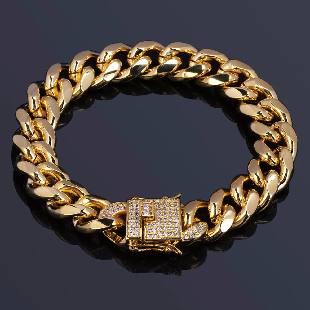 

12mm Miami Curb Cuban Chain Bracelet For Men AAA Rhinestones CZ Box Lock Bling Iced Out Mens Hip Hop Rapper Bracelets Jewelry