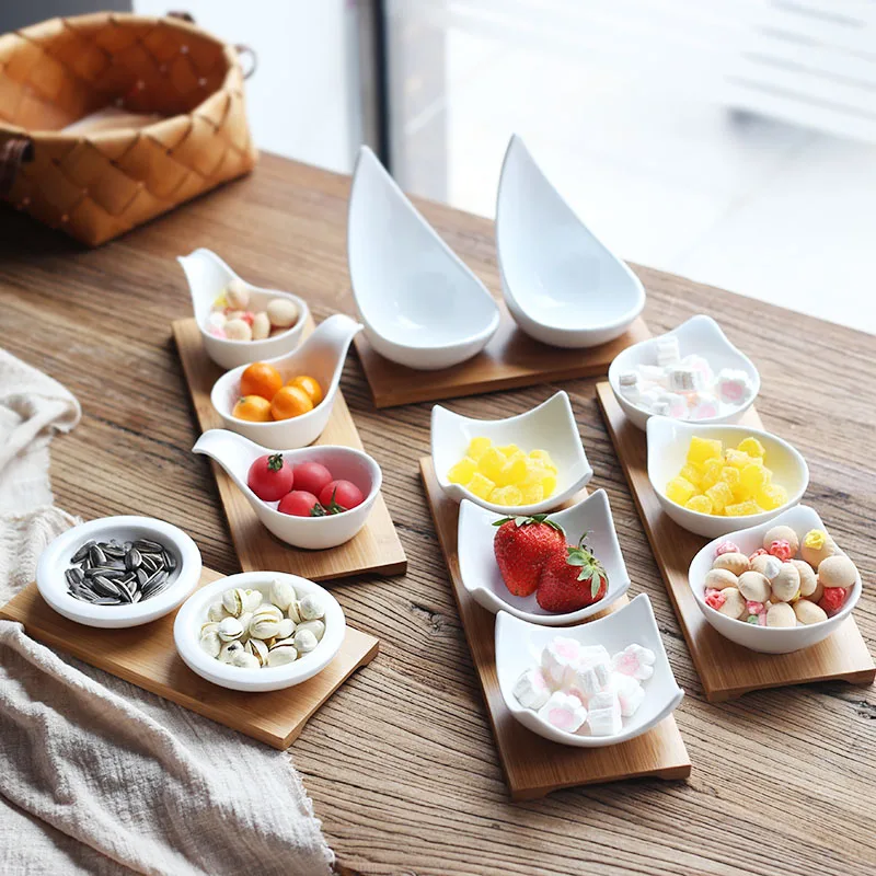 

Ceramic Snacks Plates with Bamboo Tray Japan Style Creative Fruits Plate Afternoon Tea Serving Trays Desserts Plate Sauce Dish