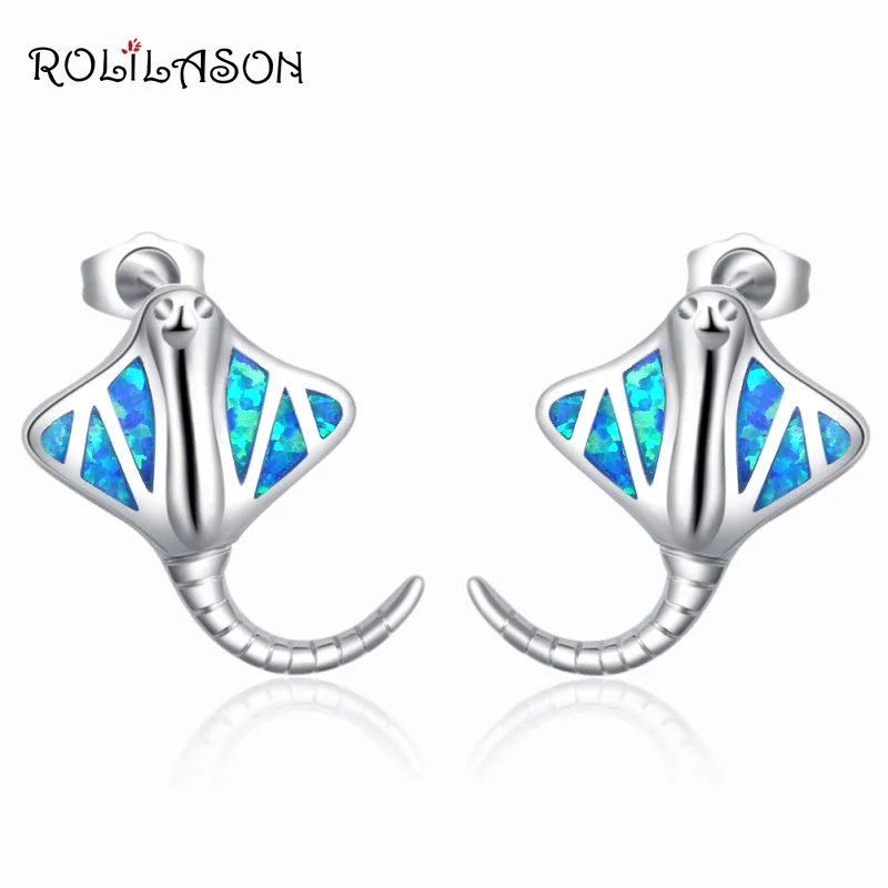 Rolilason изысканный дизайн с изображением животных; сережки-гвоздики голубой огненный опал цвета: золотистый, серебристый штамп для женщин Модные украшения OE757