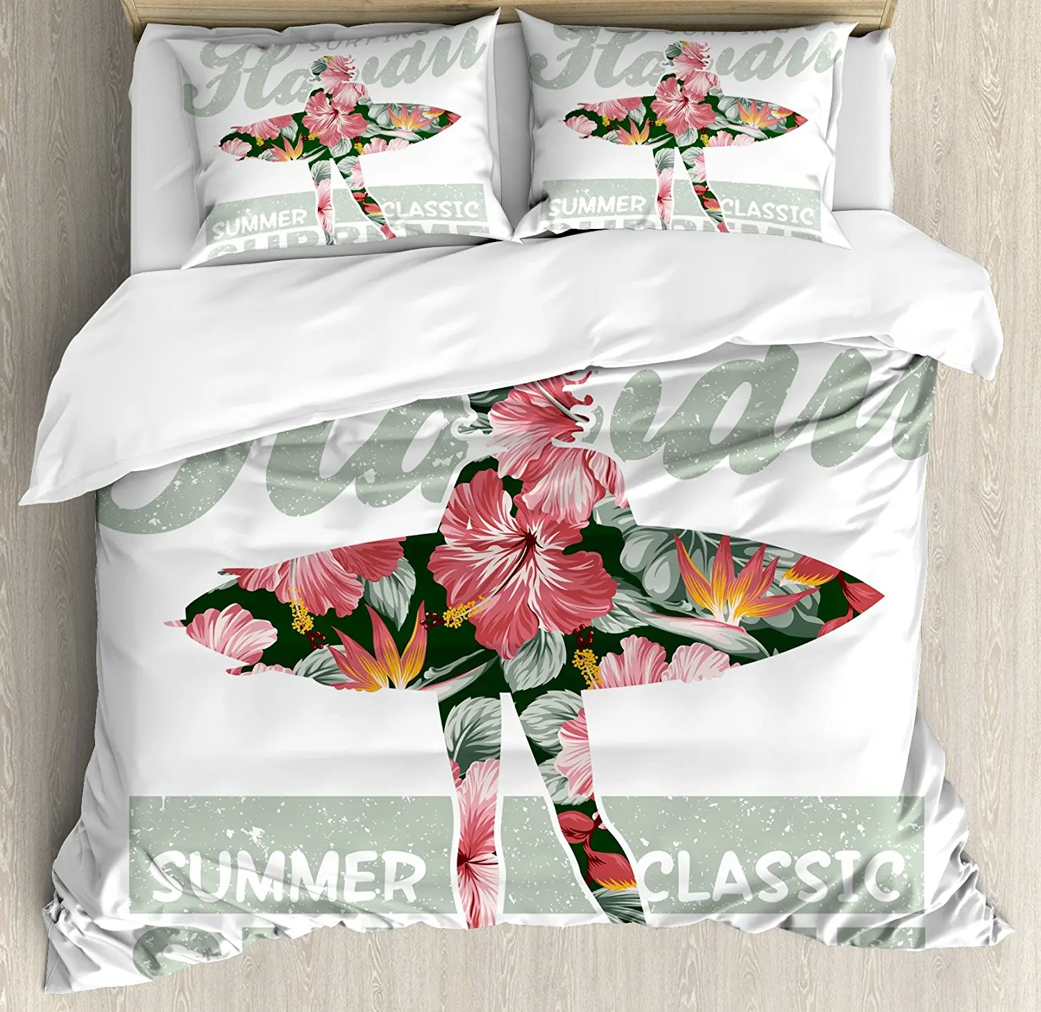 Hawaiian Duvet Cover Set Tropical Hawaii Hibiscus Surfing Girl