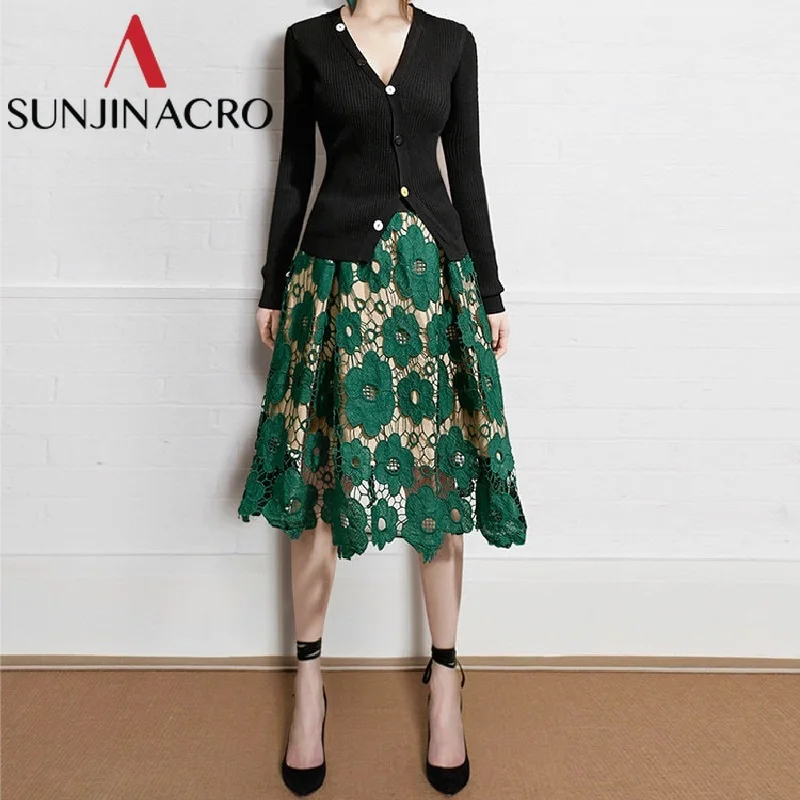 

SUNJINACRO 2 Colors A-Line Mid-Calf Womens Vintage High Waist Skirts Casual Lace Hollow Out Lined Skirt
