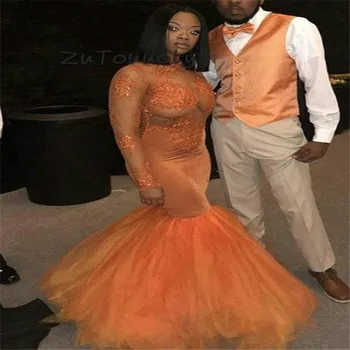 

New Arrive Orange Plus Size Evening Dress High Neck Sheer Top Lace Black Girls Mermaid Prom Dress 2019 Fishtail Formal Dress