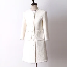 Белая шерстяная твидовая куртка с длинным разрезом, осенне-зимнее женское пальто, НОВАЯ тонкая женская куртка с рукавом семь точек