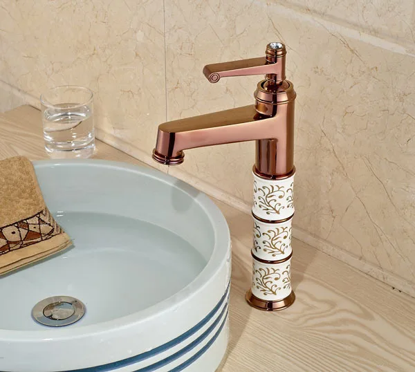 Luxury Rose Gold Brass Bathroom Sink Mixer Tap Single Handle Basin