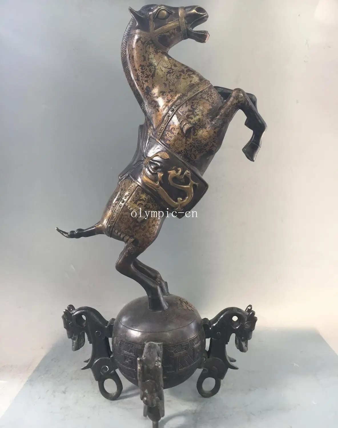 

24'' Bronze gild gold color carved Galloping Horse Treading on dragon ball