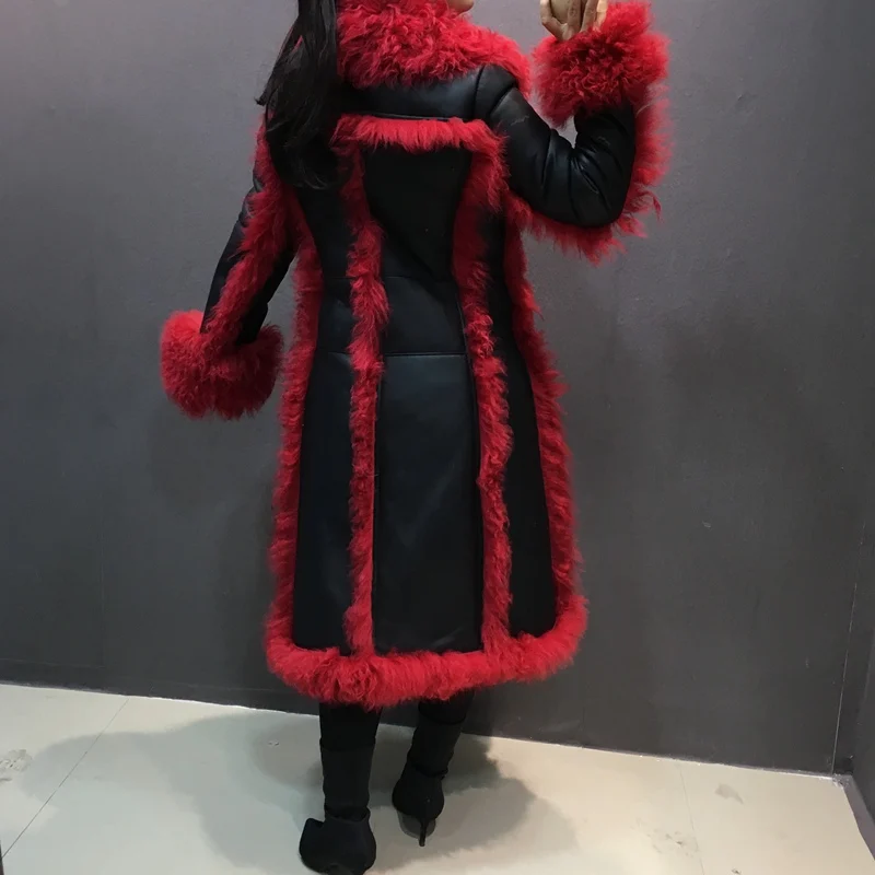 Роскошное женское длинное пальто из натурального меха и кожи, теплое пальто из натурального овечьего меха, Толстая теплая русская зимняя верхняя одежда, куртка