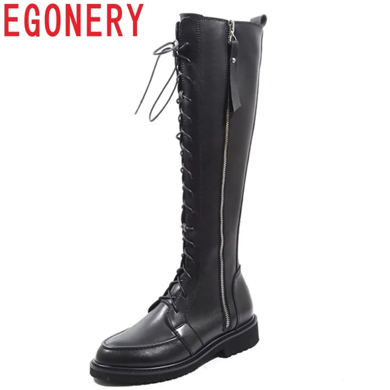 

EGONERY 2019 new concise casual round toe genuine leather med square heel women shoes winter warm cross-tied zip knee high boots