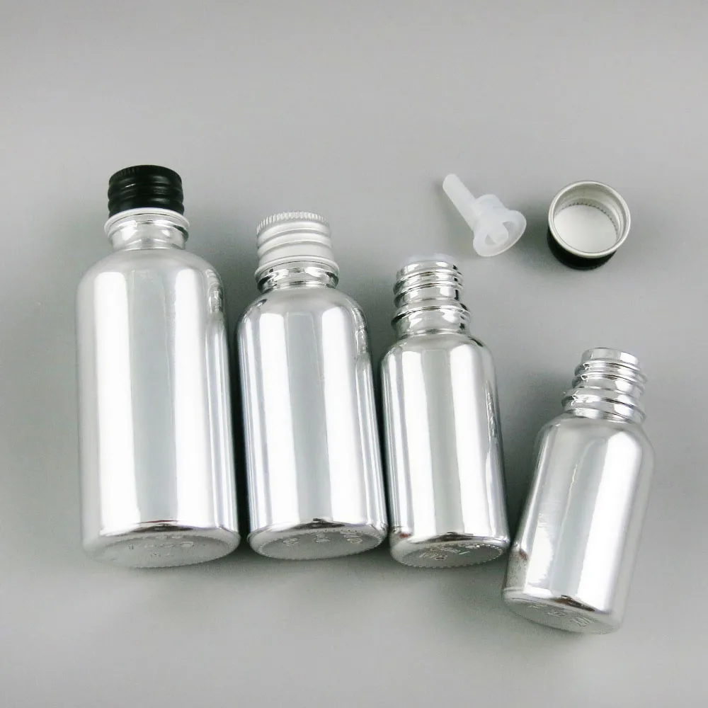 

12 x 5ml 10ml 20ml 30ml 50ml 100ml Refillable UV Silver Glass Bottle With Aluminium Lids Pe Insert 1oz Cosmetic Contaienrs
