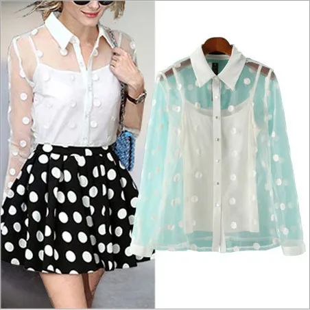 White embroidery silk white sheer blouse tops 2015 New