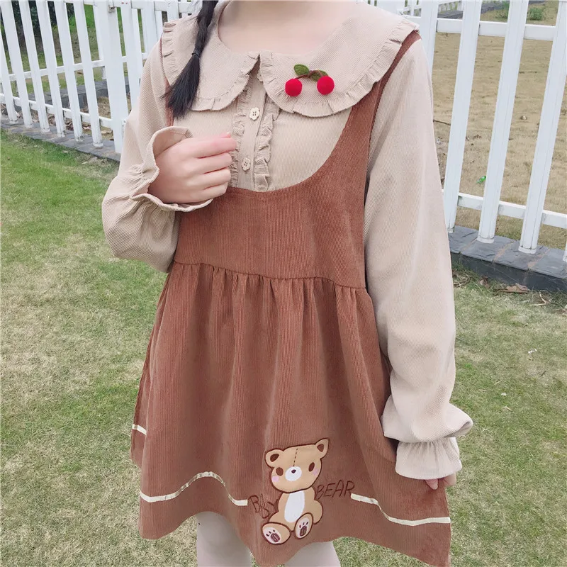 Милые вышитые поддельные платья из двух частей женские Япония Kawaii Ulzzang офисные