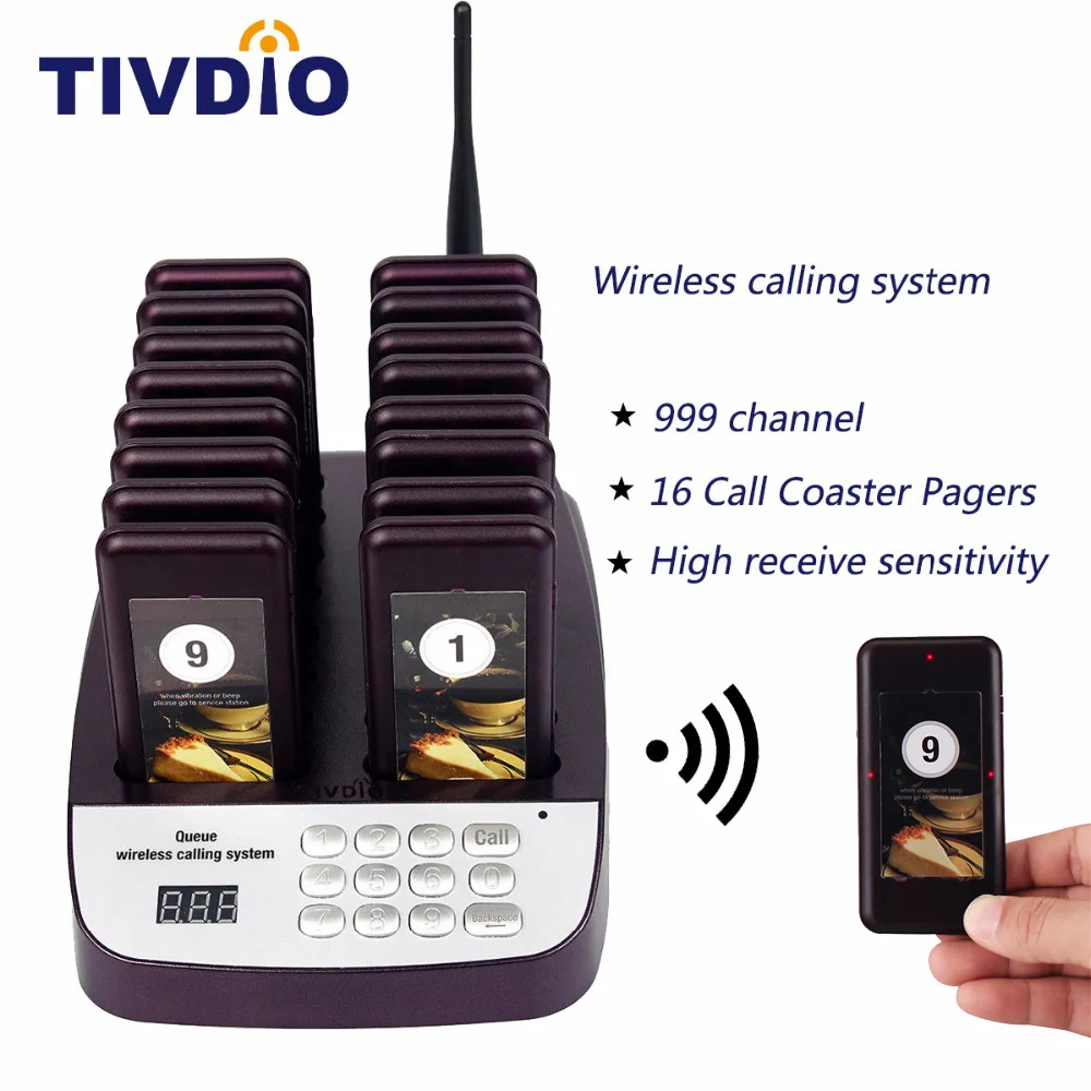 TIVDIO T 113 999 Channel Restaurant Pager Wireless Paging Queuing System 16 Call Coaster Pagers Restaurant