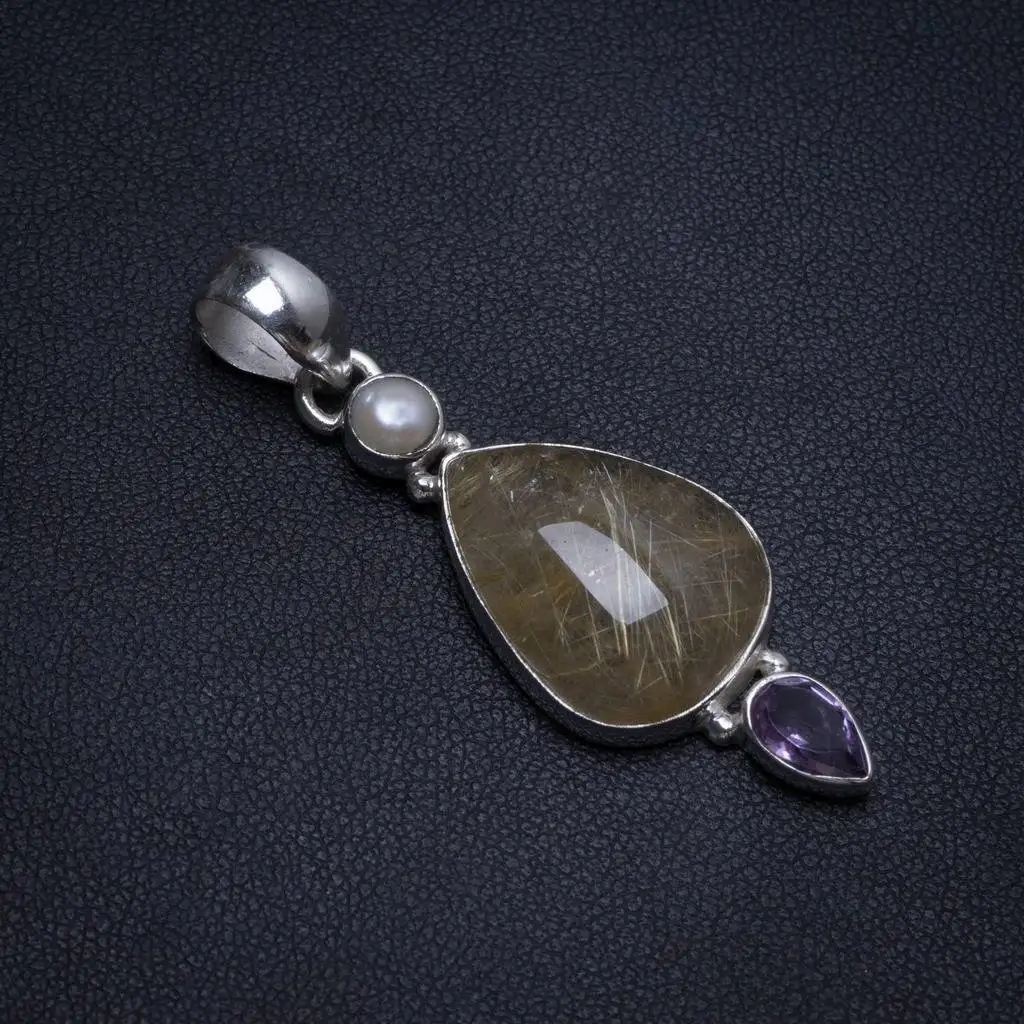 

Natural Rutilated Quartz,Amethyst and River Pearl Indian 925 Sterling Silver Pendant 2" T0382