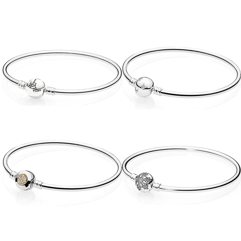 

Snowflake Two-Tone Signature Mickey Castle Clasp Smooth Bangle Fit Pandora Snake Bracelet 925 Sterling Silver Bead Charm Jewelry