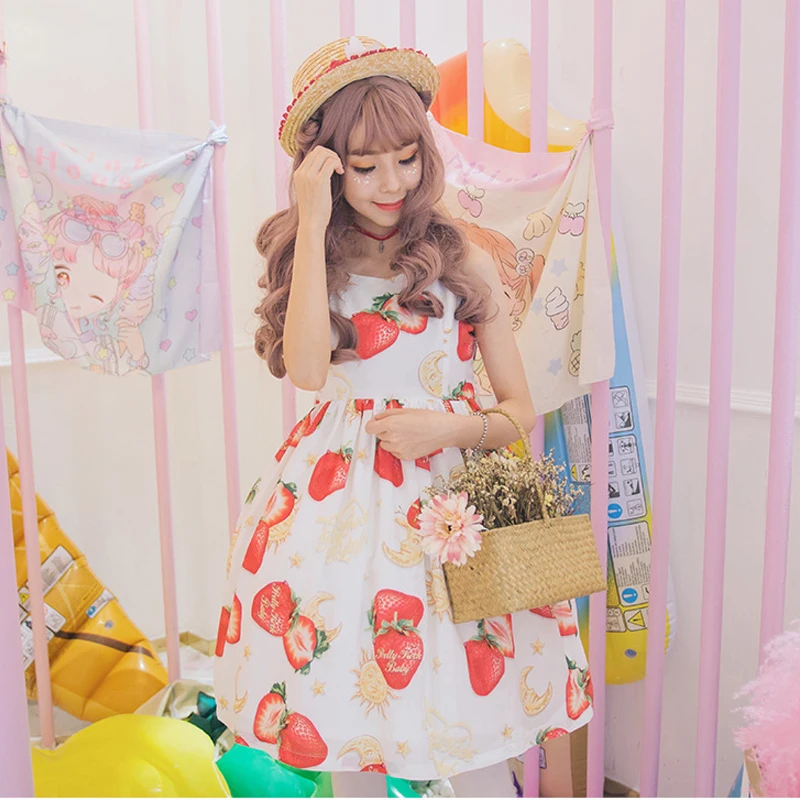

Star Moon Strawberry Cute Women's Lolita JSK Dress Summer Suspender Dress Simple One Piece WhiteSweet