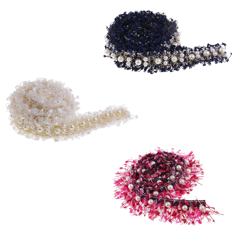 3pcs/1 Yards Handmade Pearl Beaded Embroidery Ribbon Lace Trim Embellishment for Wedding Party Christmas 3/4.5cm