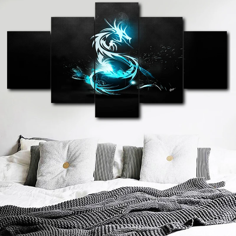 

Poster fashion canvas painting modular frame HD 5 piece blue dragon logo picture print artist living decoration living room