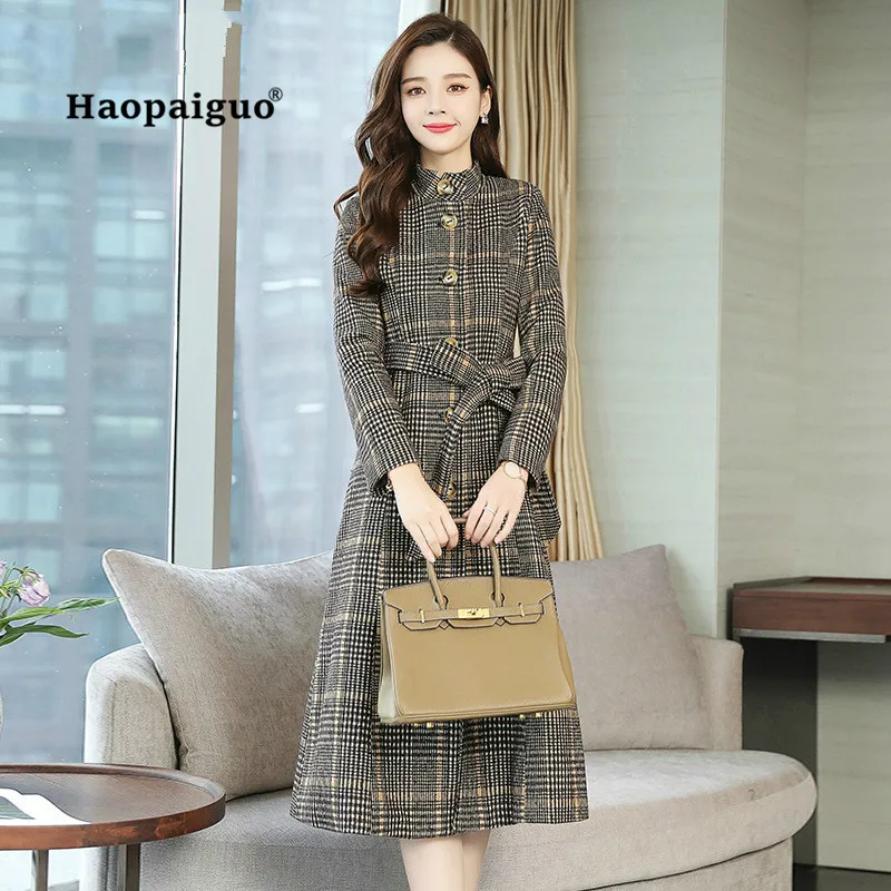

Plus Size Fashion 2018 Women Autumn Gray Plaid Elegant Vintage O-neck Long Sleeve Office Ladies X-long Coats Korean Work Coats