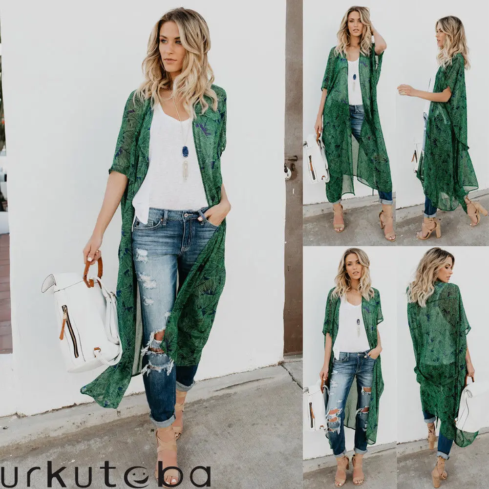 

Women Chiffon Kimono Long Sleeves Beach Cardigan Dress Ladies Loose Leaf Pattern Tie Wrap Beachwear Long Dress