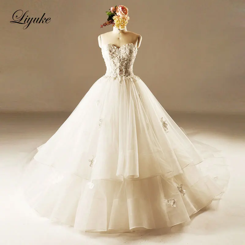 GlamorousTulle без бретелек декольте бальное платье свадебное платье с отделкой бисером аппликации кружево Часовня бальное платье для процессии
