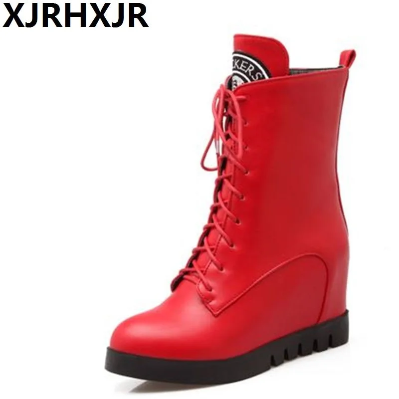 

XJRHXJR British Style Red Black Cross Straps Matin Boots Autumn Winter Shoes Woman Height Increasing Mid Calf Platform Boots Zip