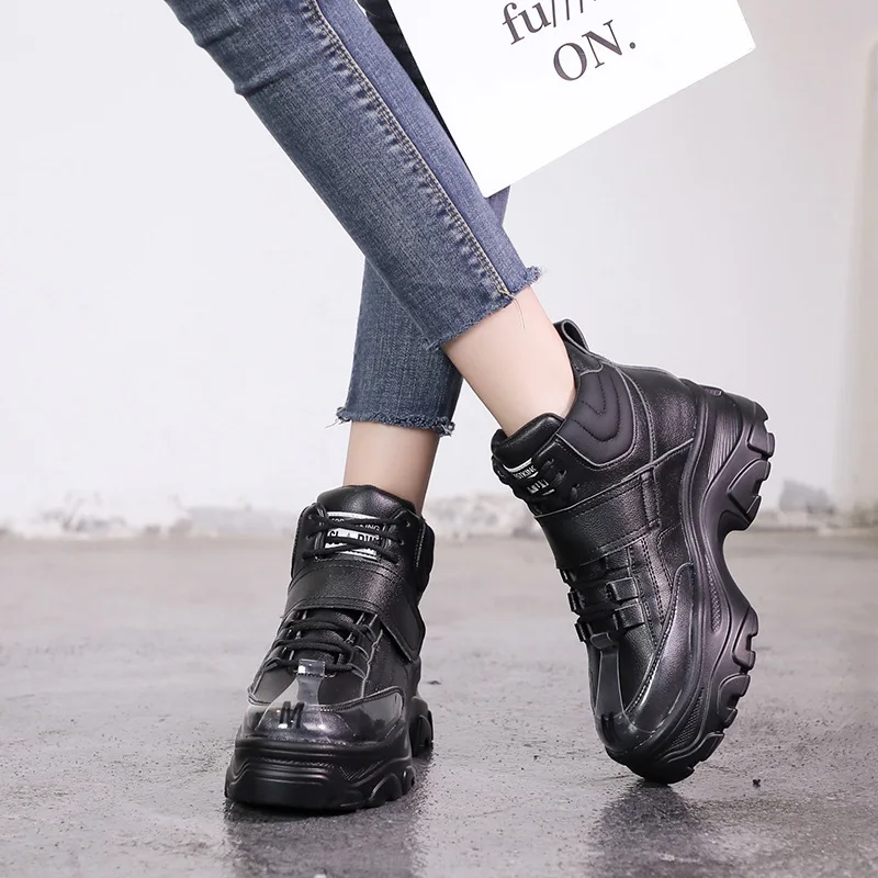 INS/зимние ботинки на толстой подошве в британском стиле; женские Ботинки martin на шнуровке; Женские ботинки в Военном Стиле на платформе; теплые зимние женские кроссовки на меху - Цвет: 0518 Black M