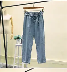 ALICENO новые 2019 100 кг одежда женские большие размеры Средняя Талия Светло-Голубые свободные джинсы Кнопка Fly полная длина женские узкие брюки