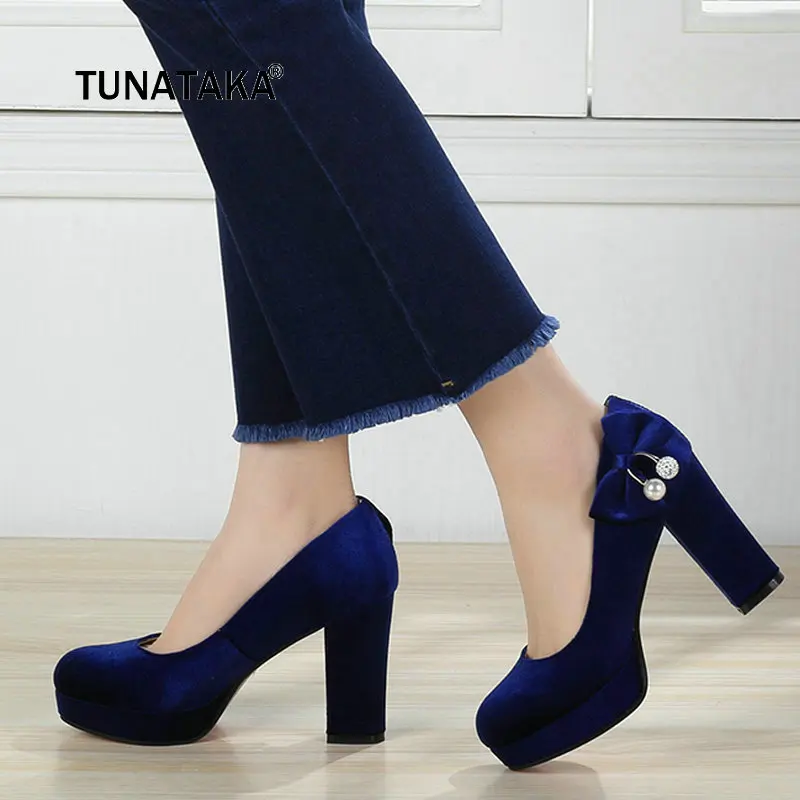 

Women Faux Suede Thick High Heel Lazy Shoes Sweet Bow Knot Slip On Pumps Ladies Round Toe Party Spring Autumn Shoes Women