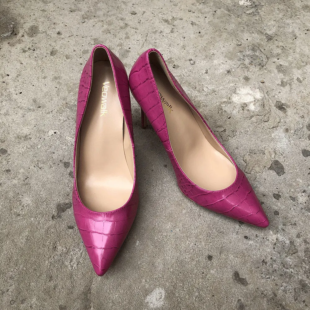 Veowalk/ярко-розовые женские пикантные туфли на высоком каблуке с вышивкой под крокодиловую кожу; Брендовые женские туфли-лодочки на шпильке с острым носком; обувь для вечеринок без шнуровки