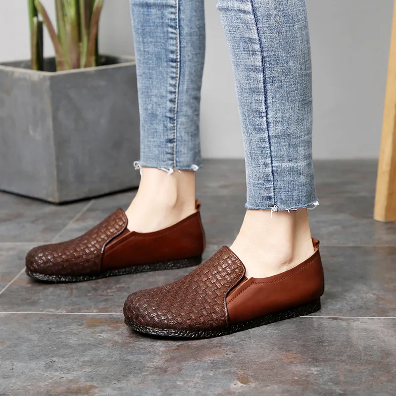 

Fesneisee 2019 New Spring/Autumn Genuine Leather Flats Women Casual Round Toe Retro Slip-on Striped Sewing Flat Women Shoes