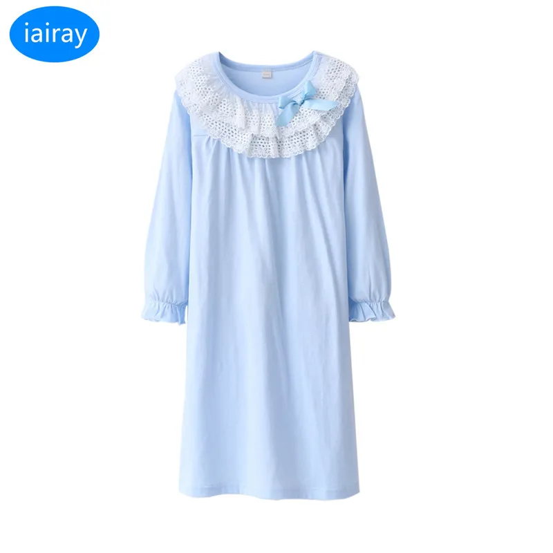 

iairay autumn 2018 children pajamas for girls long sleeve cotton fabric girls nightgown girl night dress blue lace nightgowns