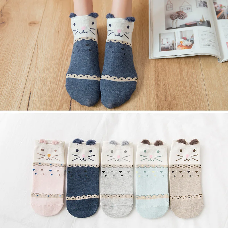 5 Pairs Women Cotton Socks Cute Animal Ankle Socks Cat Dog Summer Short Socks Girls Red Heart Kawaii Ear Funny Low Boat Socks
