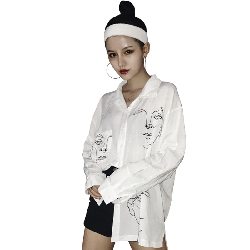 

Harajuku Face Print Women Blouse High Street transparent summer White Cute Oversize funny large size kimono black long shirt new