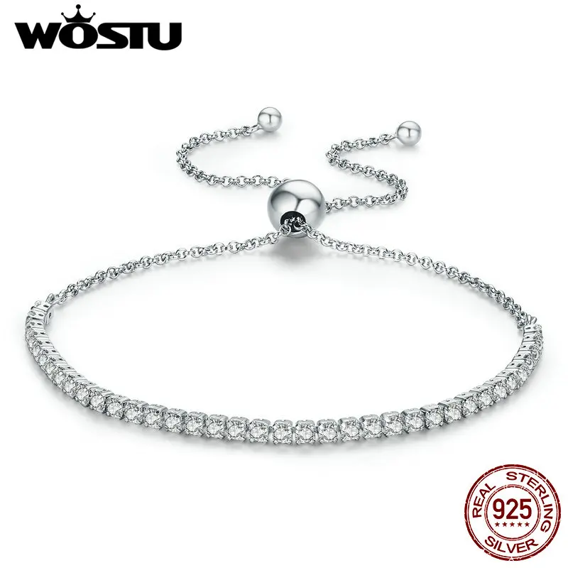 WOSTU Top Sale Real 925 Sterling Silver Sparkling Strand Chain Bracelet For Women Fine Jewelry Lucky
