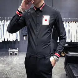 Полный рубашка мужская 2018 Новинка осени британский джентльмен корейской версии Мужская чистый цвет рубашки 2033 черный-P55