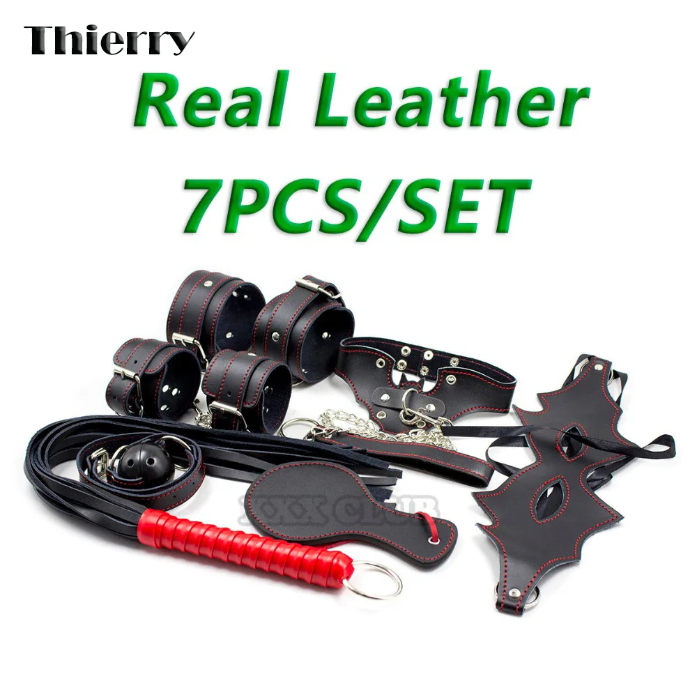 Thierry 7pcs/ Set Leather Sex products Bondage Restraint, Paddle Whip Collar Mask Handcuffs Gag sex Toys for Couples Adult Game adult sex products bondage restraints 10 pieces set sex toys for couples handcuffs whip gag for adult slave game erotic toys