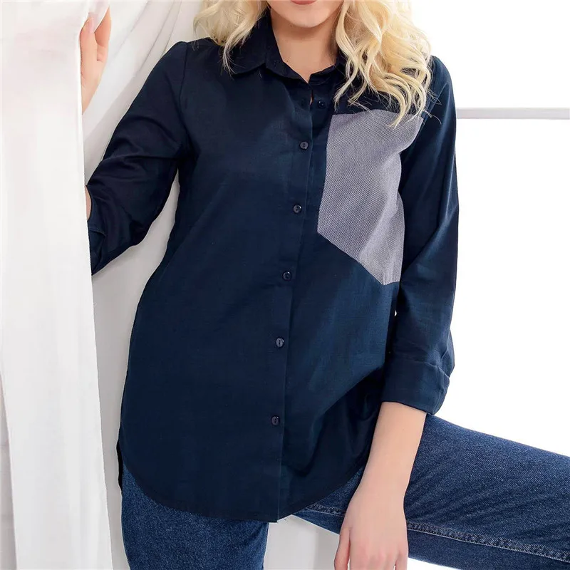 

Women Blouses 2019 Long Sleeve Shirt Casual Patchwork Blouse Ladies Turn Down Collar Office Shirts Plus Size Tops Camisas Mujer