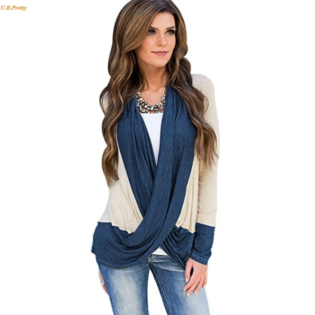 Cowl Neck Patchwork Striped T-Shirts