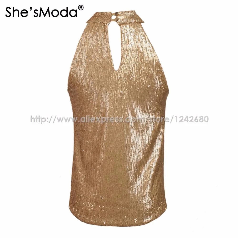 She'sModa Biling Sequins Gold Холтер Топ женские спандекс Клубные вечерние майки жилет