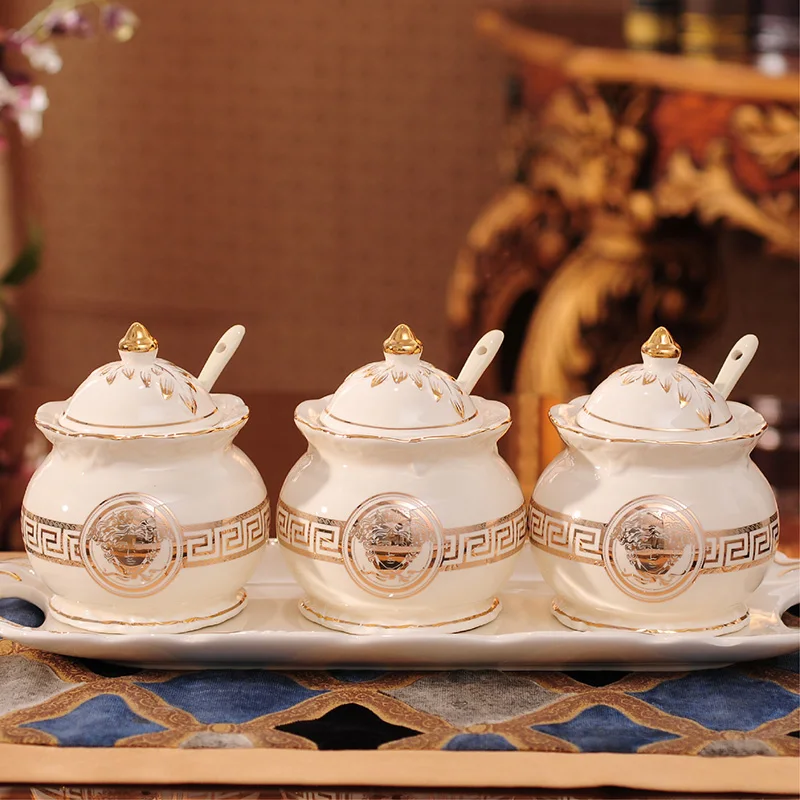 Set of 4 Fashion ceramic spice jar with tray Kitchen condiment set