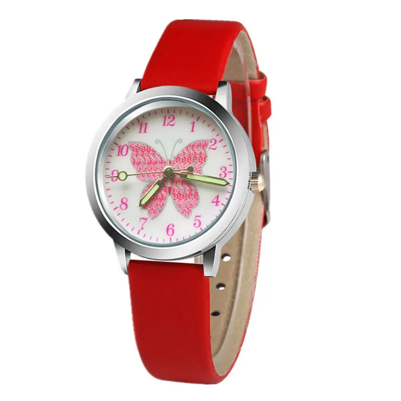 Милые розовые детские часы с рисунком бабочки, подарок на день рождения для маленькой девочки, синие спортивные кварцевые часы для мальчика, кожаные часы, relojes - Цвет: Красный