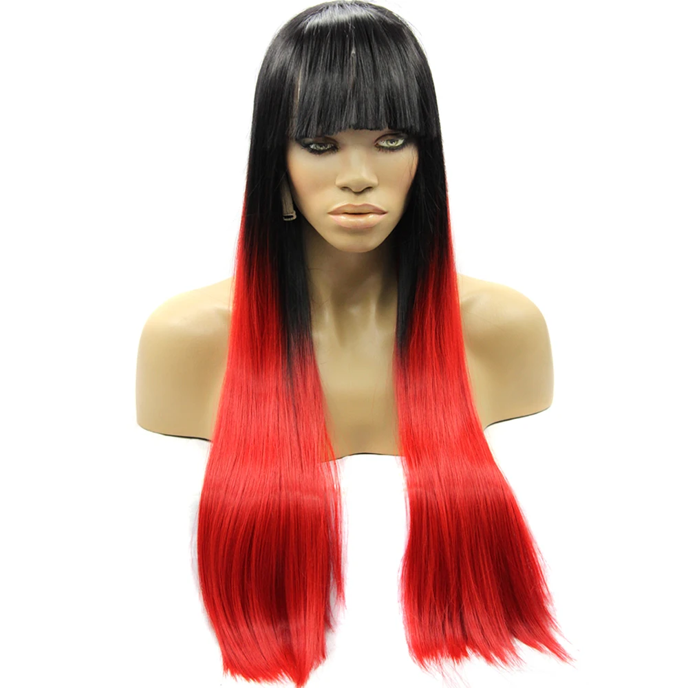 New Fashion Ombre Red Wig Cosplay Glueless Synthetic Lace Front Heat Resistant Silky Straight Hair Long with Bangs |