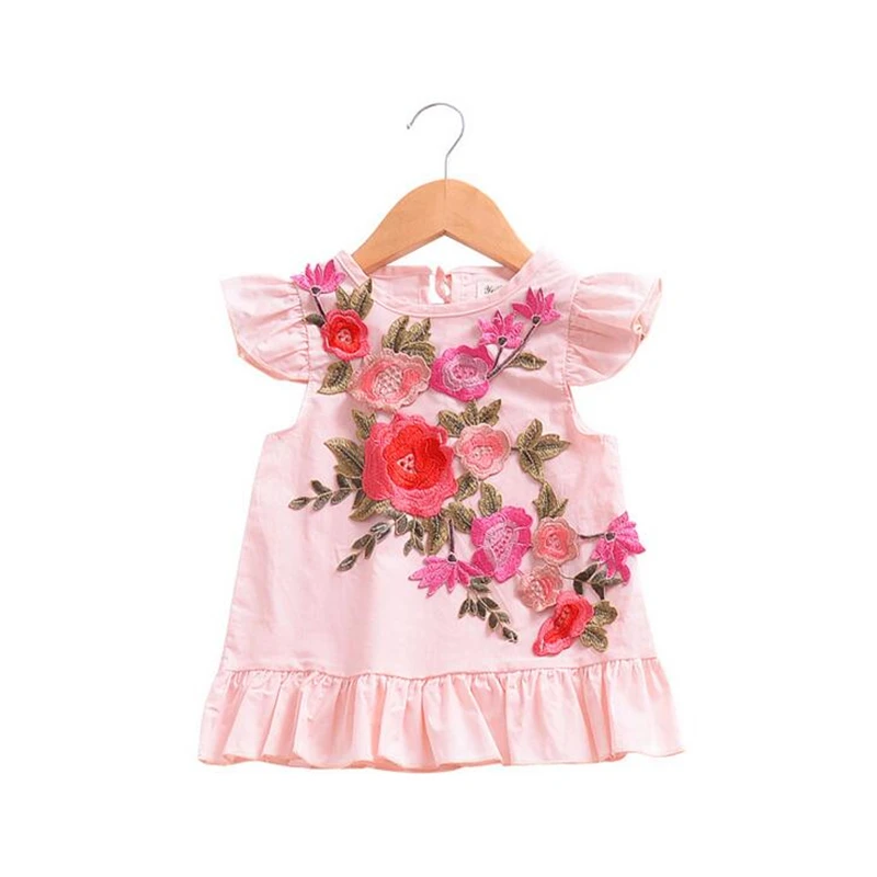 

Cotton Baby Girls Dress Summer Embroidered Flowers High Level Infant Baby Girls Dress Sleeveless 0-3T