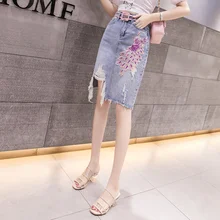 Плюс тянущаяся Высокая талия Цветочные Джинсовые юбки с вышивкой Женская короткая джинсовая юбка с разрезом saias Повседневная