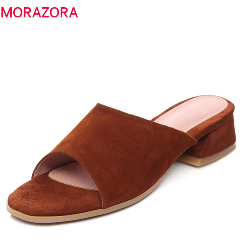 

MORAZORA 2020 hot sale women sandals peep toe summer shoes solid color genuine leather party shoes square high heels shoes women