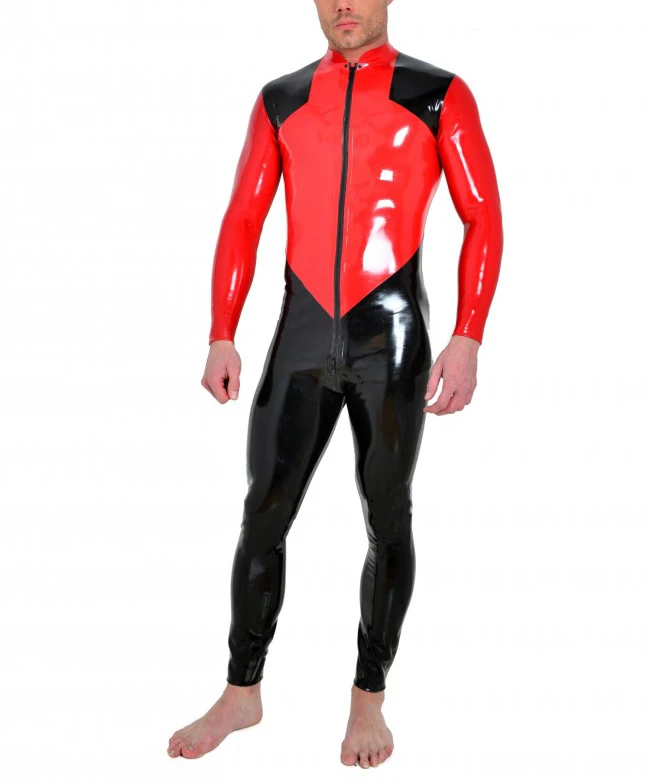 

0.4MM Latex Tights Catsuit With Front Zip Latex Tights Bodysuit constrasting middle panels