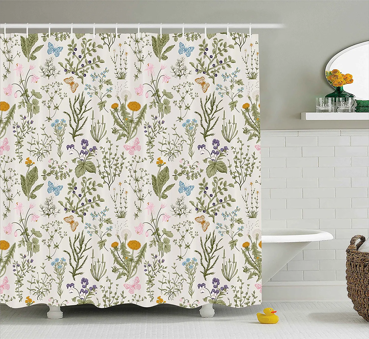 FloralShowerCurtainVintageGardenPlantswithHerbsFlowersBotanicalClassicDesignFabricBathroomDecorSet