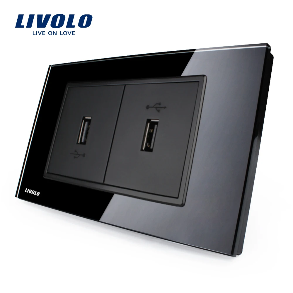 Livolo стандарт США USB розетка (2.1A 5 В) Белый/Черный Кристалл Стекло настенные точки