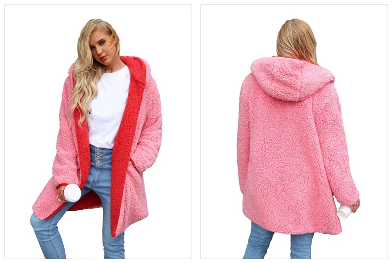 European and American plus-size high quality color matching coat with plush hooded overcoat on both sides (7)